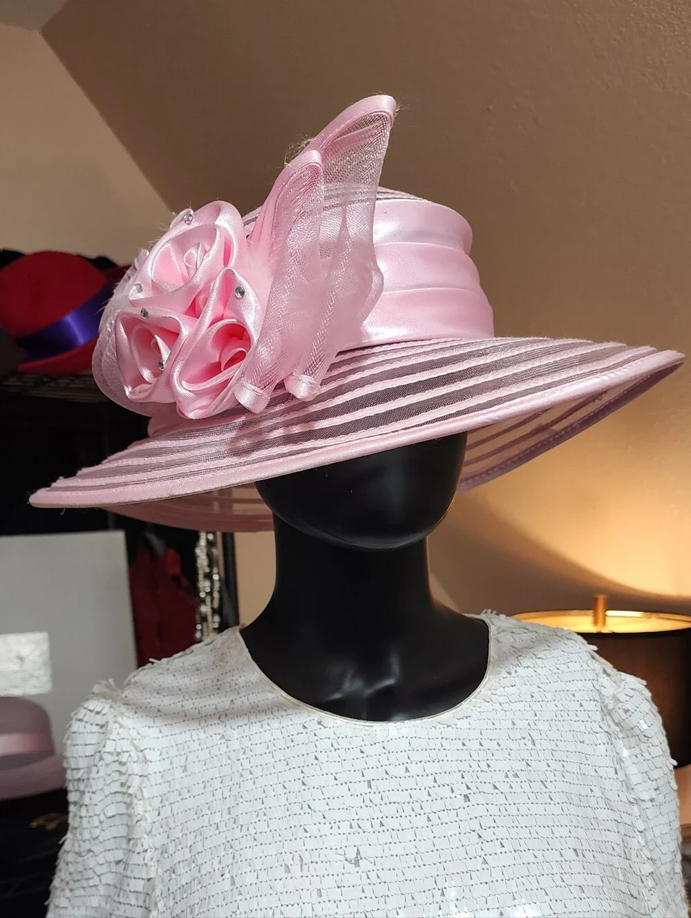 Vintage 80's Pink Wide-Brim Hat with Satin Rose and Sheer Bow